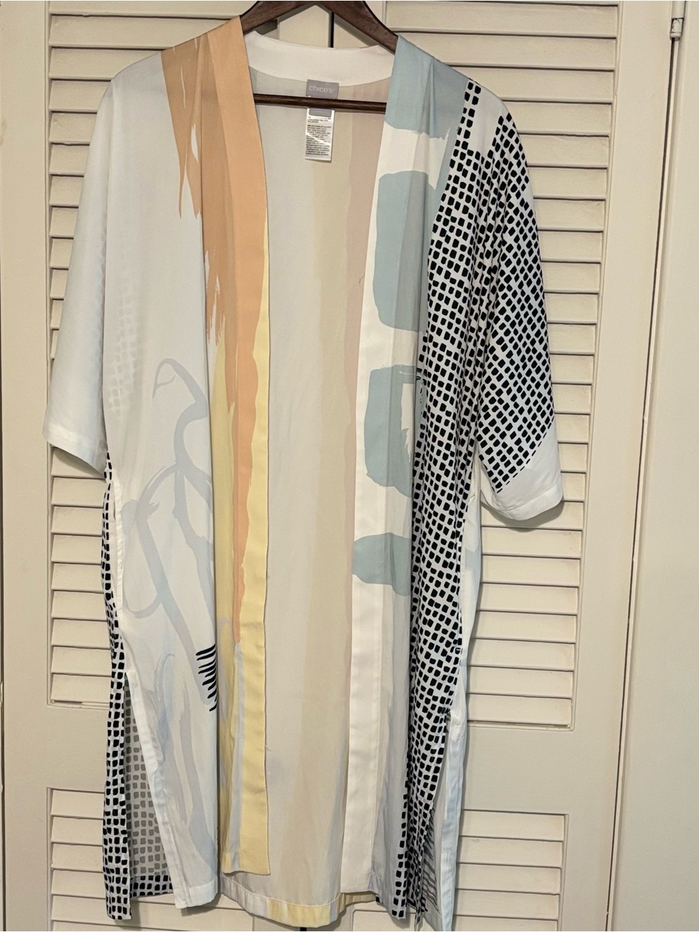 Chico's Pastel Stripe Open-Front Duster in Soft Blue, Cream & Tan